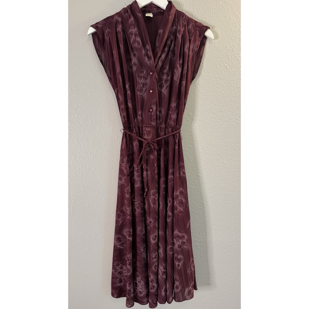 Vintage 70s Plum Floral Jacquard Tie Waist Fit & Flare Midi Dress Small Boho